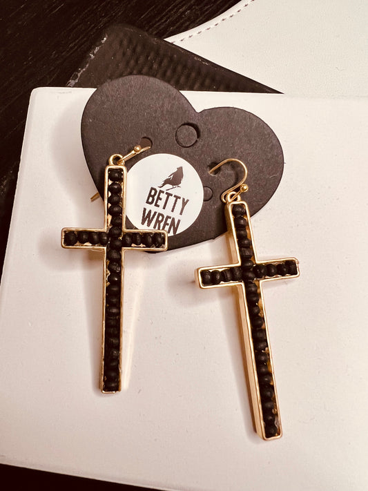 Gold Cross Earrings with Black Wooden Beads